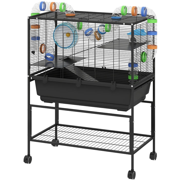 PawHut 3 Tier Rolling Hamster Cage with 7" Deep Tray, Storage Shelf, Big Exercise Wheel, Tube System, for Syrian, Gerbil, Rat