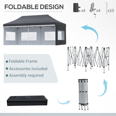 Outsunny 20' x 10' Folding Pop Up Canopy Tent with Sidewalls,  Windows, Weight Bags and Carrying Bag, Black