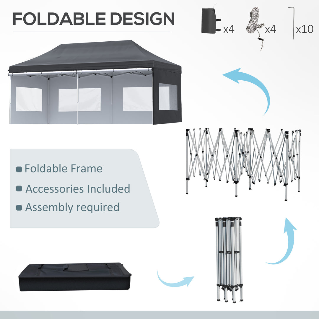 Outsunny 20' x 10' Folding Pop Up Canopy Tent with Sidewalls,  Windows, Weight Bags and Carrying Bag, Black