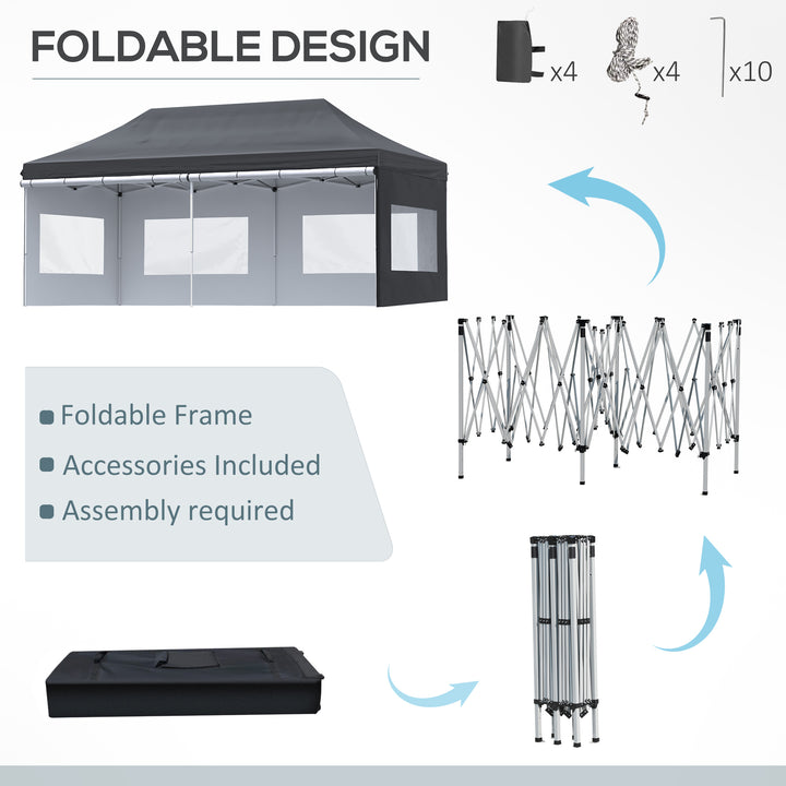 Outsunny 20' x 10' Folding Pop Up Canopy Tent with Sidewalls,  Windows, Weight Bags and Carrying Bag, Black
