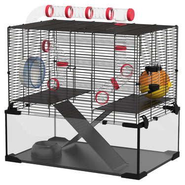PawHut Hamster Cage with Deep Glass Bottom, Tunnel Tube System, Platforms, Hut, Exercise Wheel, Water Bottle, 24" x 16" x 22"