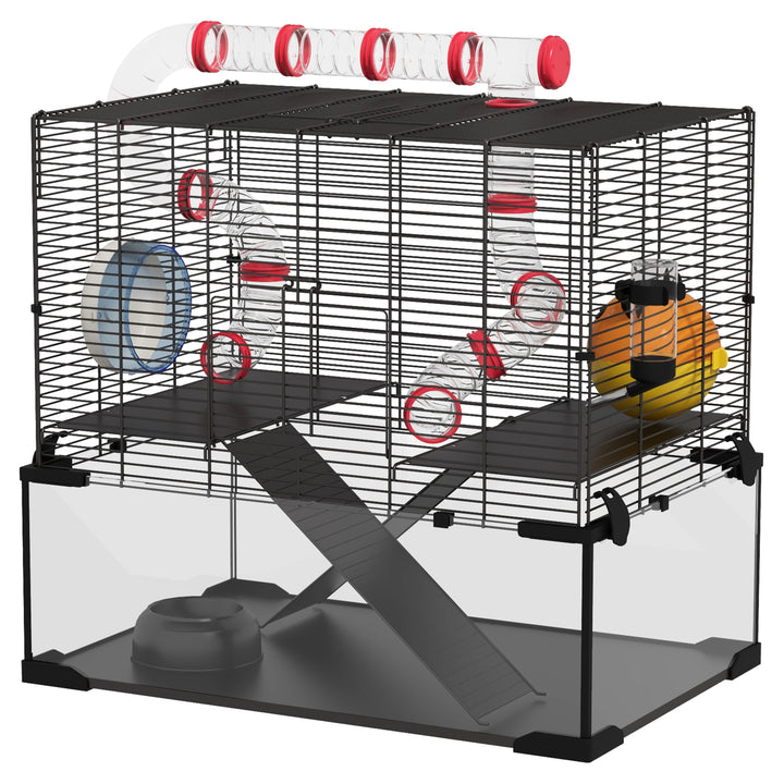 PawHut Hamster Cage with Deep Glass Bottom, Tunnel Tube System, Platforms, Hut, Exercise Wheel, Water Bottle, 24" x 16" x 22"