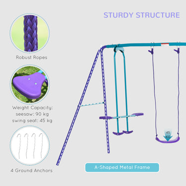 Outsunny 3 in 1 Metal Swing Set with Double Swings, Glider for Backyard, Outdoor, Playground, Purple