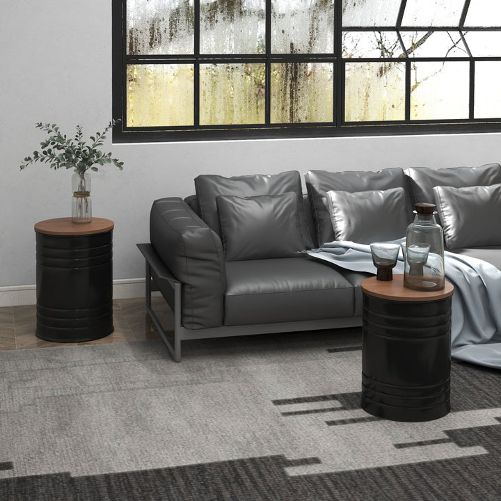 HOMCOM Round Side Table Set of 2, Nesting Coffee Tables w/ Wooden Lid, Metal Frame and Hidden Storage Space for Bedroom, Black