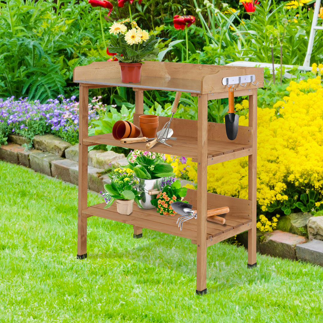 Outsunny Outdoor Garden Wooden Potting Bench Work Station Table Tool Storage Shelf w/ Hooks, Natural