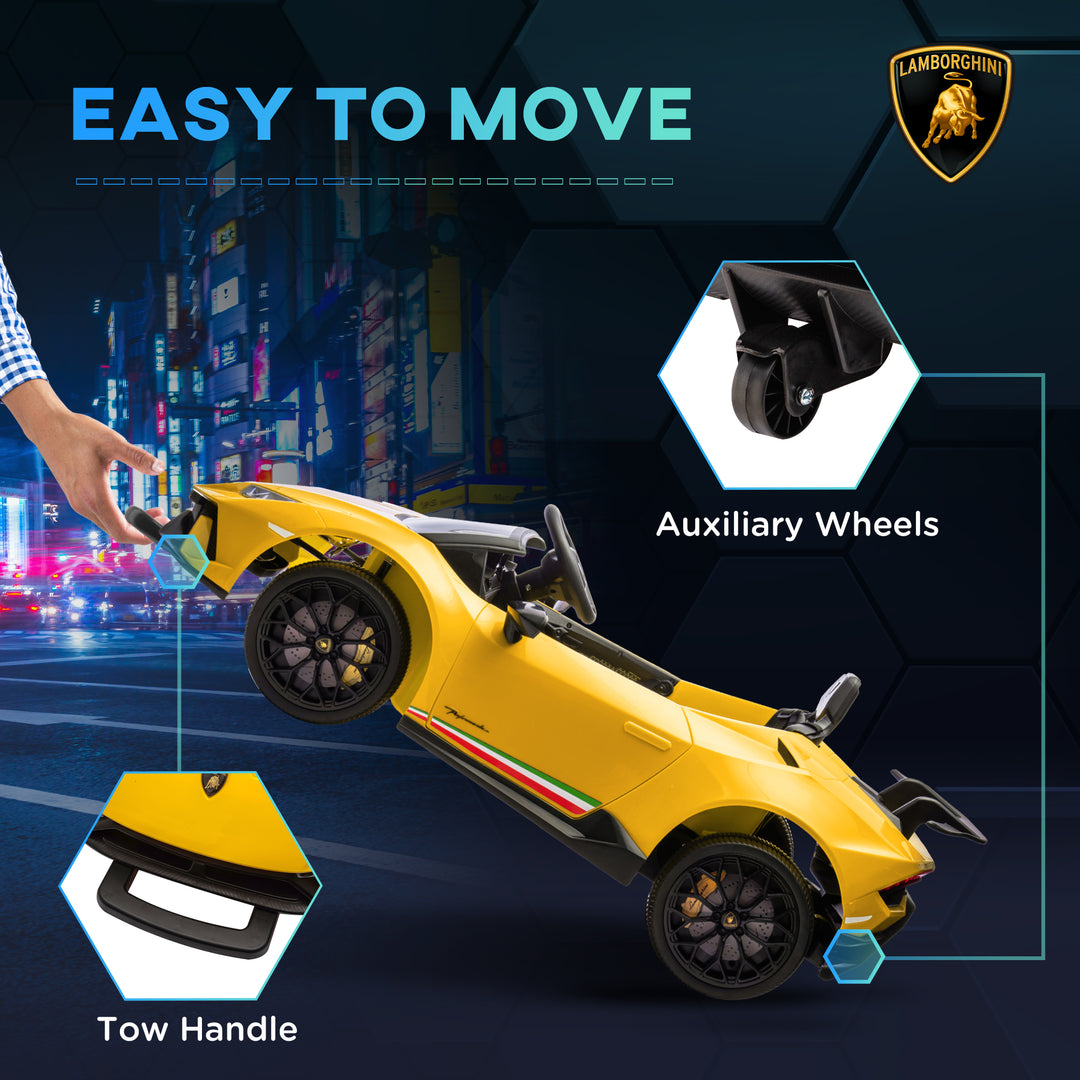 Qaba 12V Lamborghini Huracan Licensed Kids Electric Car with Remote Control, Spring Suspension, Transport Wheels, Yellow