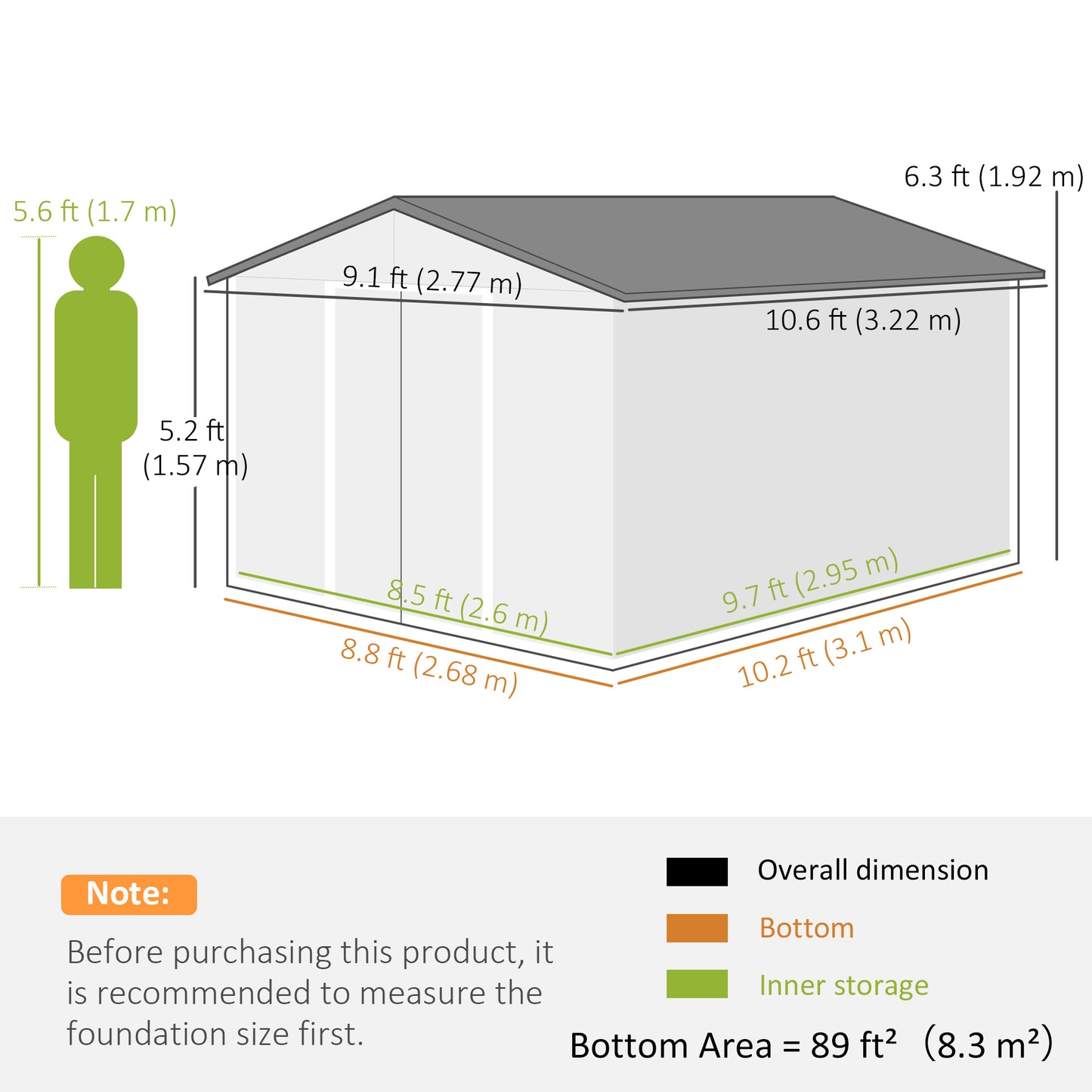 Outsunny 9.1'x6.4'x6.3' Garden Storage Shed w/ Floor Foundation Metal Tool Storage House w/ Double Doors Dark Grey Yellow