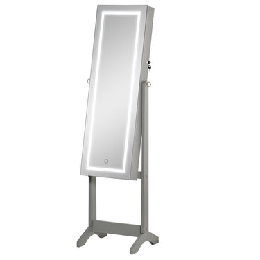 HOMCOM Lockable Jewelry Armoire with LED Light, Standing Mirror with Storage for Bedroom Dressing Room, Grey