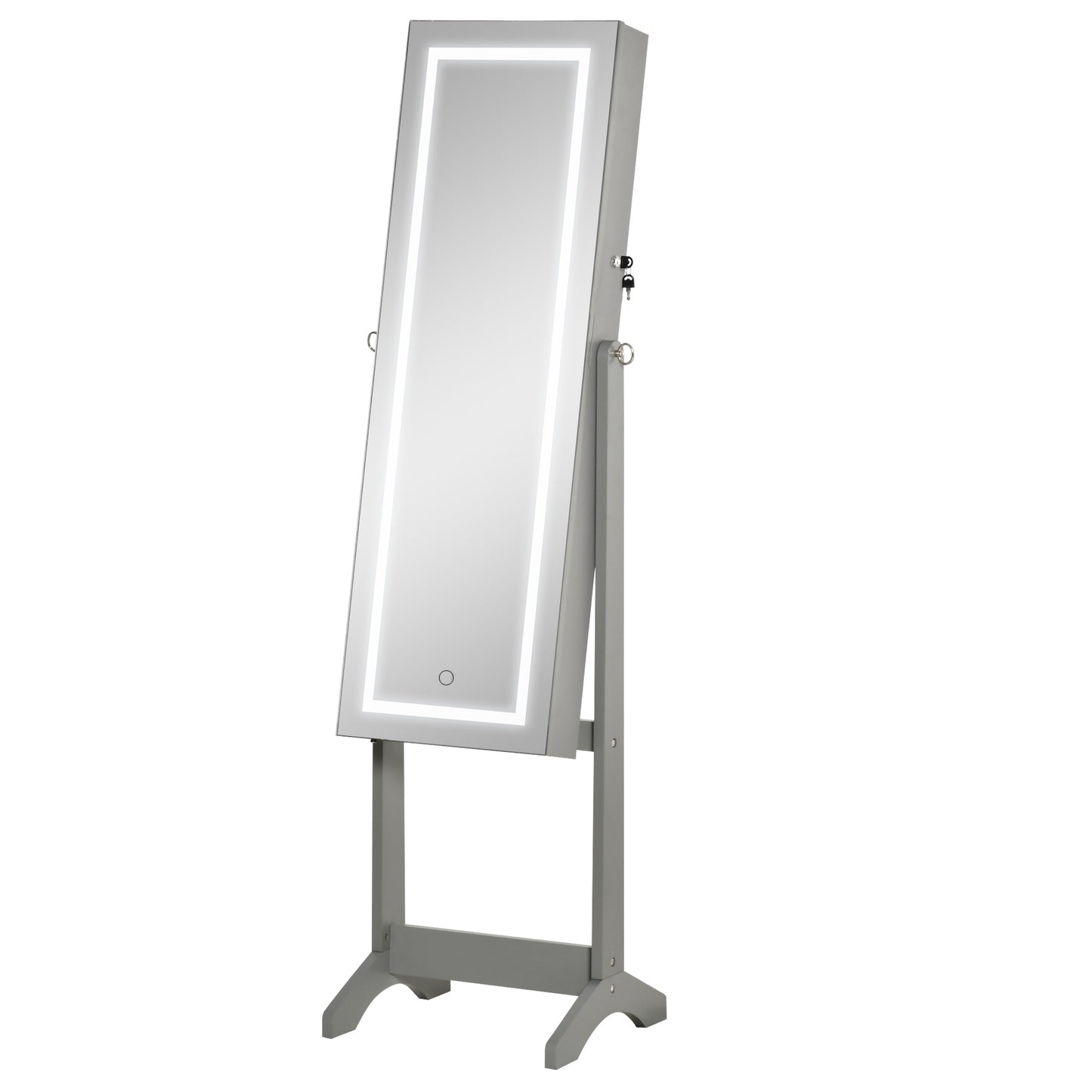 HOMCOM Lockable Jewelry Armoire with LED Light, Standing Mirror with Storage for Bedroom Dressing Room, Grey