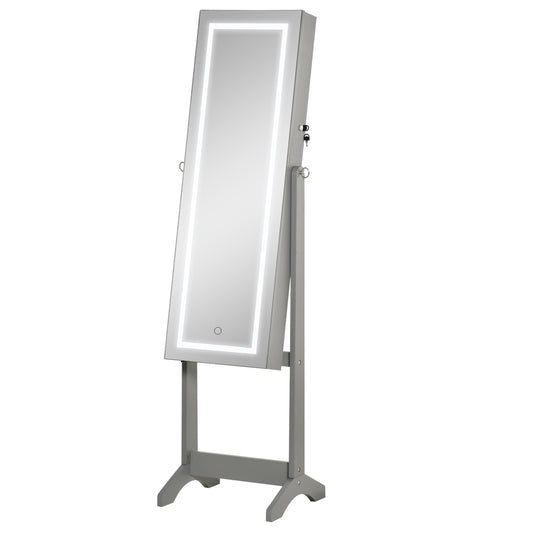 HOMCOM Lockable Jewelry Armoire with LED Light, Standing Mirror with Storage for Bedroom Dressing Room, Grey
