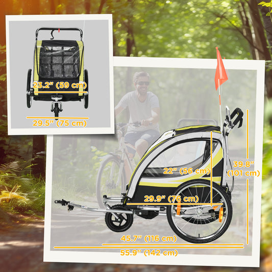 Aosom 2 Seat Bike Trailer for Kids 2-in-1 Double Baby Jogging Stroller with Handbrake, Rubber Wheels, 5 Point Harness, Waterproof Cover, Storage Bag, Reflectors, Yellow