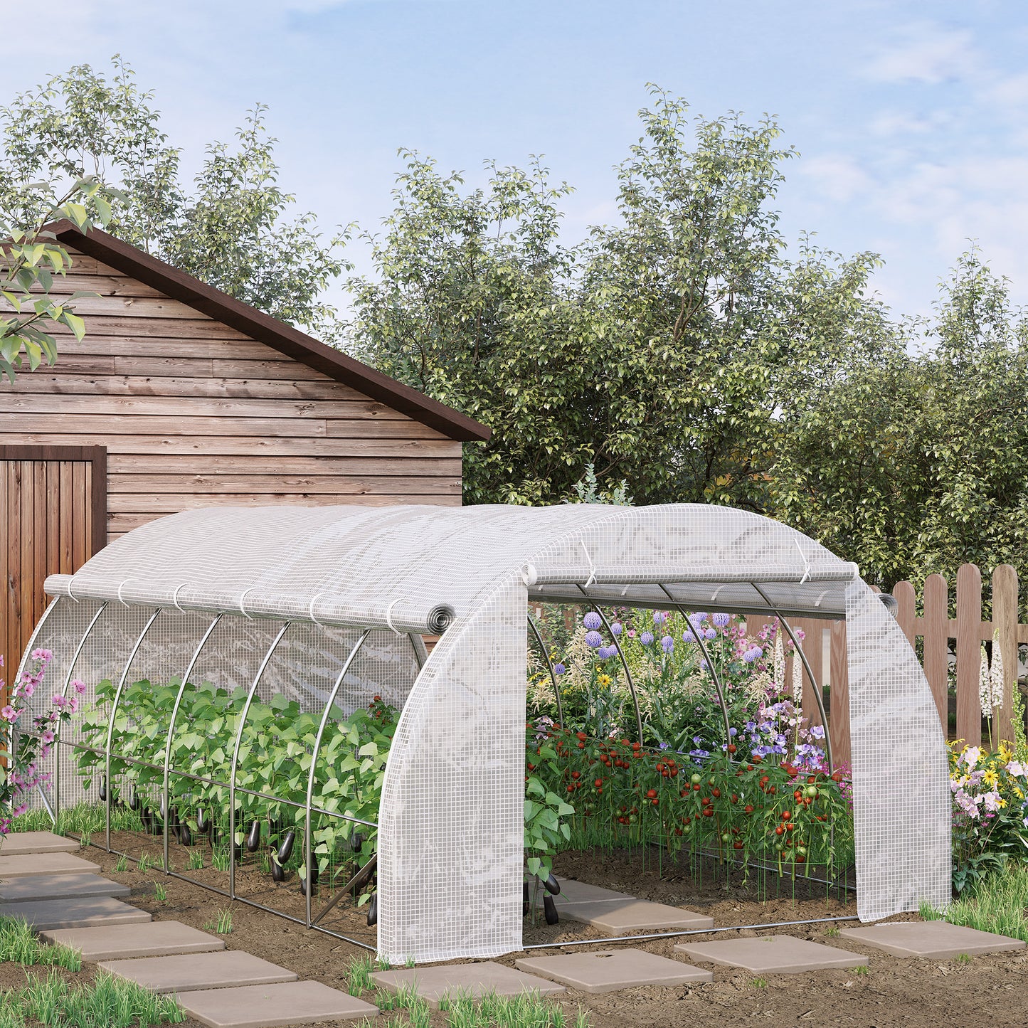 Outsunny Large Walk-in Greenhouse, 20'x10'x6.6' Tunnel Greenhouse with Zippered Door and 12 Roll-up Windows, Outdoor Green House for Garden Plant, White