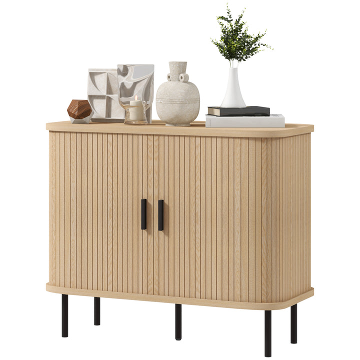 HOMCOM 35.4" Sideboard Buffet Cabinet with Storage, Nordic Coffee Bar Cabinet with Slatted Tambour Doors and Metal Legs, Oak