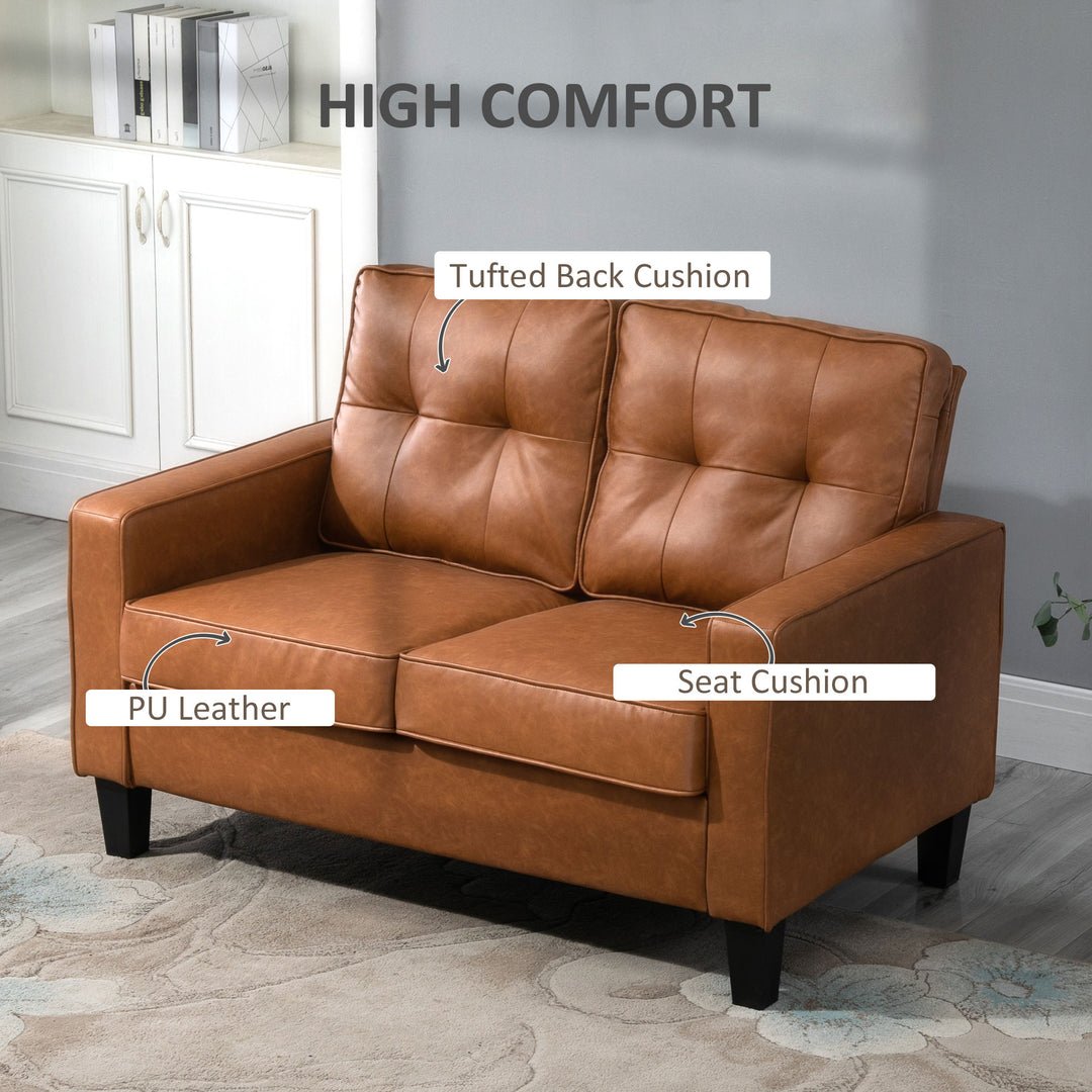 HOMCOM 51" PU Leather Loveseat, Upholstered Double Sofa Couch with Armrests, Tufted Backrest, Pocket Spring and Sponge Padded Cushion for Living Room, Bedroom, Home Office, Brown