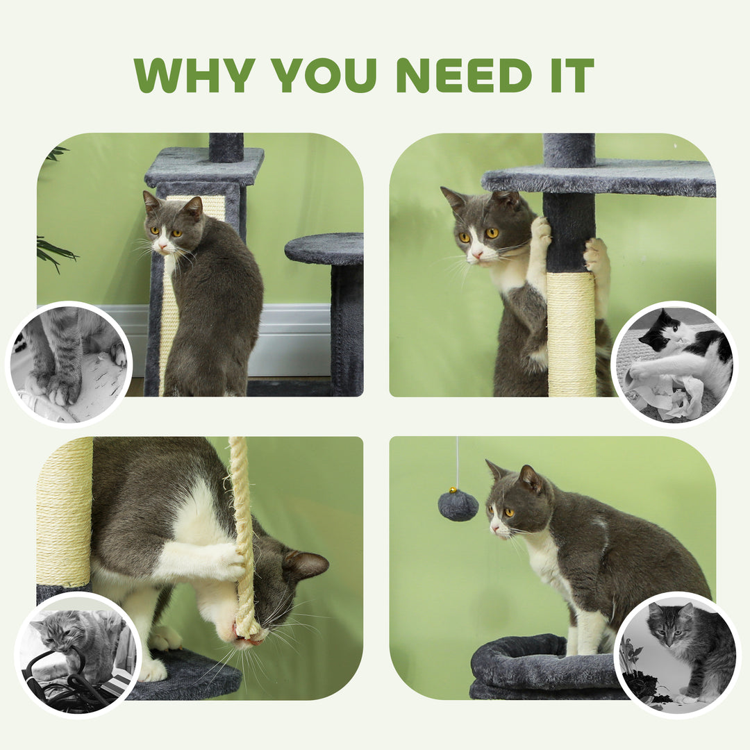PawHut 53" Cat Tree, Cat Tower with Scratching Posts, Cat Condo, Beds, Platforms, Toy Balls for Indoor Cats, Dark Grey