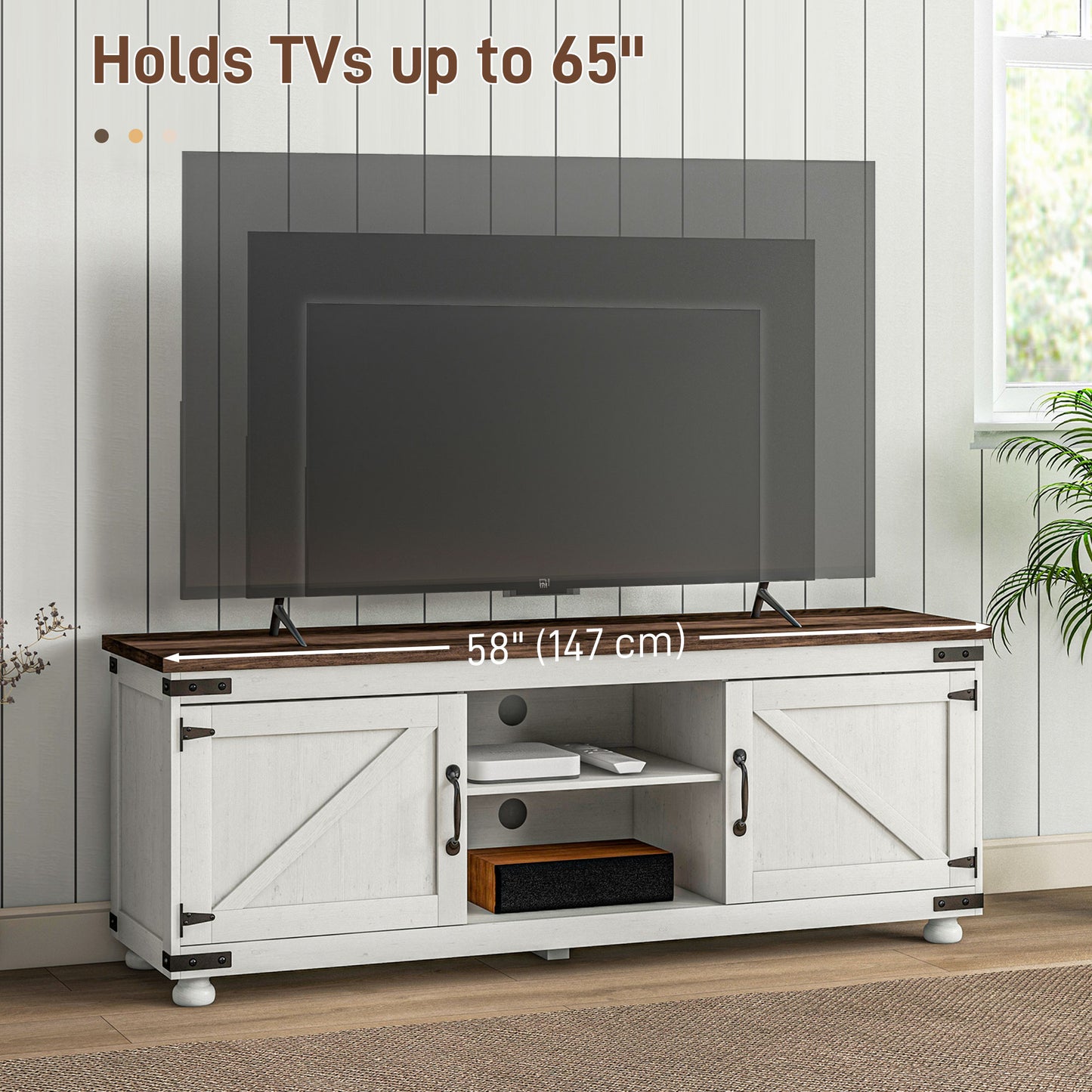 HOMCOM Farmhouse TV Stand for up to 50" TV, TV Cabinet with Barn Doors, Cable Management for Living Room, Distressed White