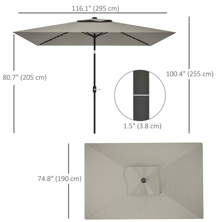 Outsunny 6' x 10' Patio Umbrella with 22 LED Solar Lights and Tilt, Rectangular Outdoor Table Umbrella with Crank, Dark Grey