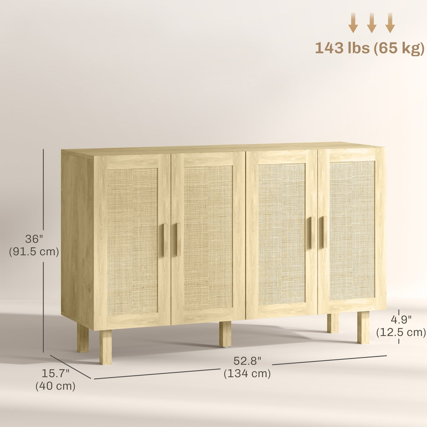 HOMCOM Boho Sideboard Buffet Cabinet, Storage Cabinet with 4 Rattan Doors and Adjustable Shelves, Black