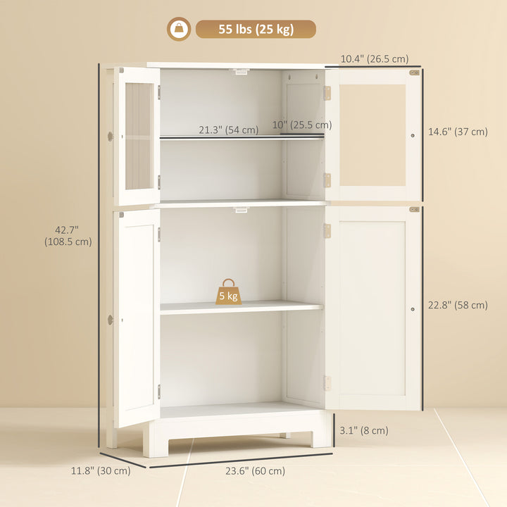 kleankin Bathroom Floor Storage Cabinet with Tempered Glass Doors and Adjustable Shelf, Kitchen Cupboard, Free Standing Organizer for Living Room Entryway, White