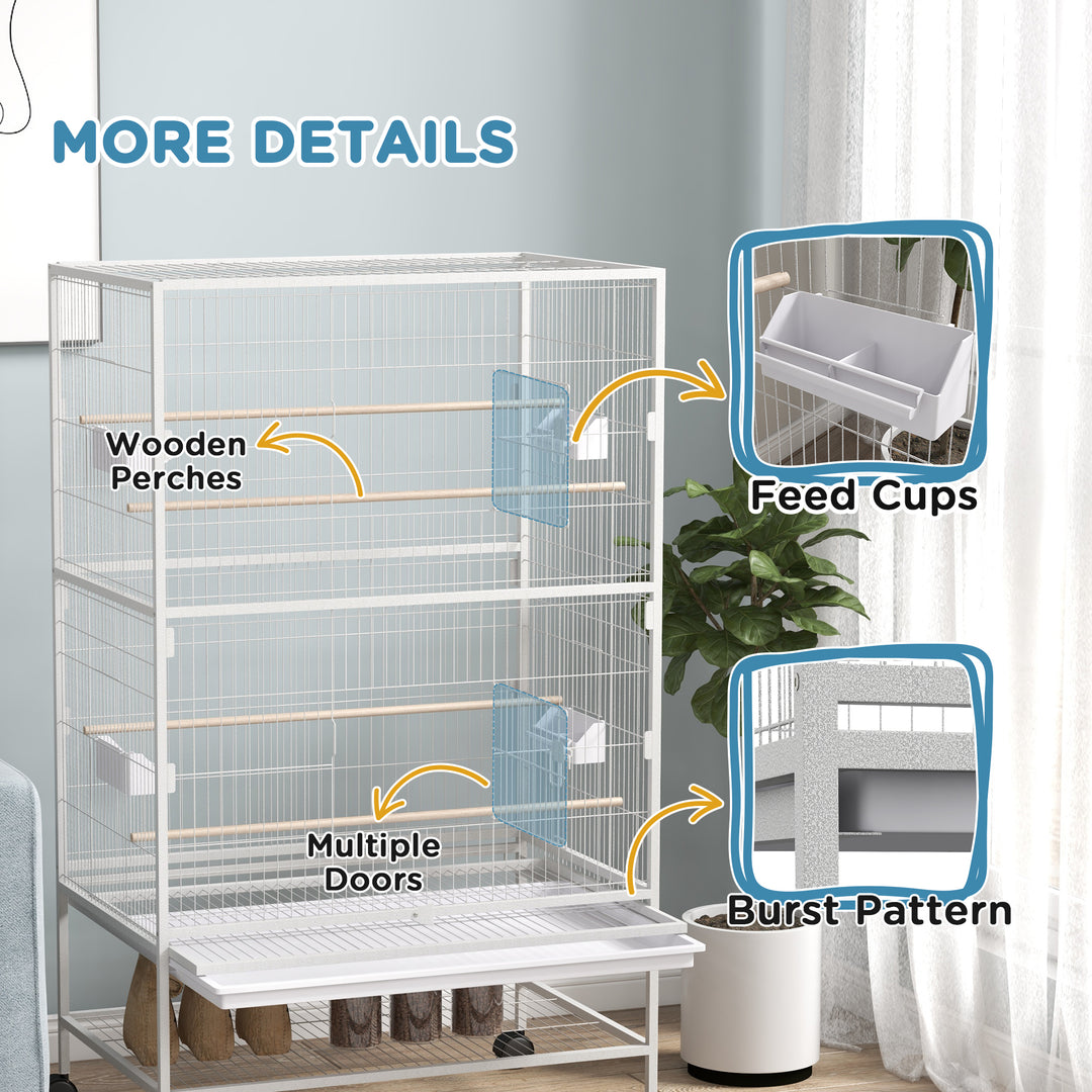 PawHut 52'' Large Rolling Steel Bird Cage Bird House with Rolling Stand, Storage Shelf, Wood Perch, Food Container, Dark Grey