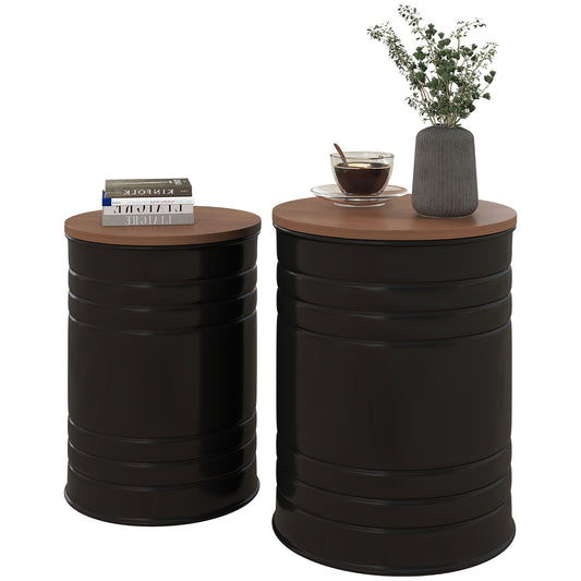 HOMCOM Round Side Table Set of 2, Nesting Coffee Tables w/ Wooden Lid, Metal Frame and Hidden Storage Space for Bedroom, Black
