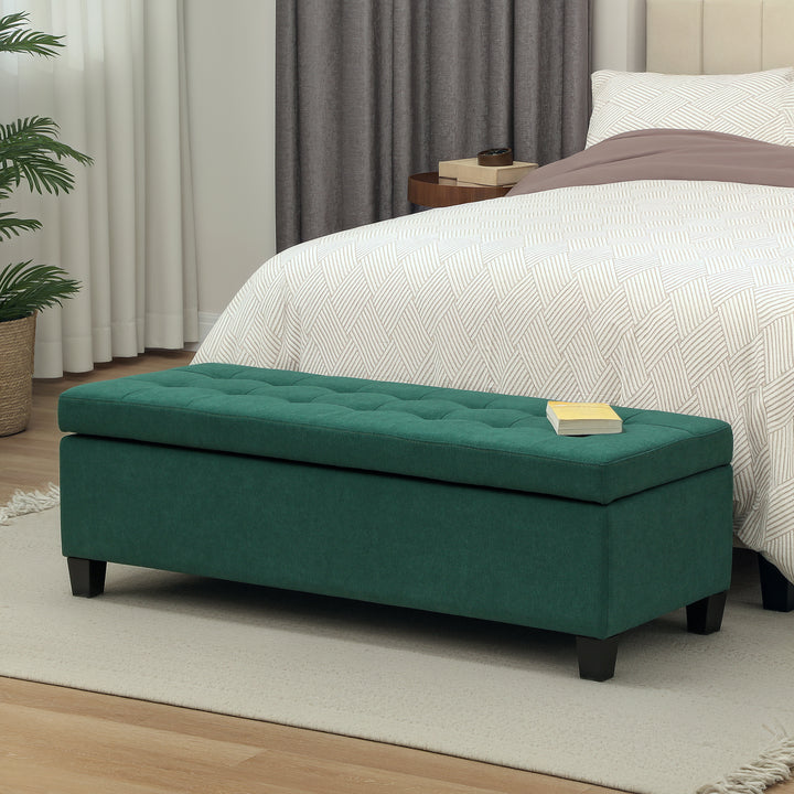 HOMCOM Rectangular Entry Bench, Tufted Upholstered Linen Fabric Wood Feet Storage Ottoman Bench, Dark Green