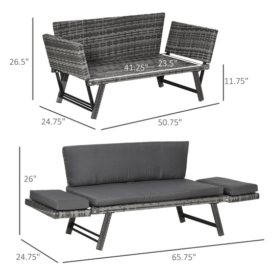 Outsunny Convertible Wicker Loveseat Grey Patio Chaise Lounge