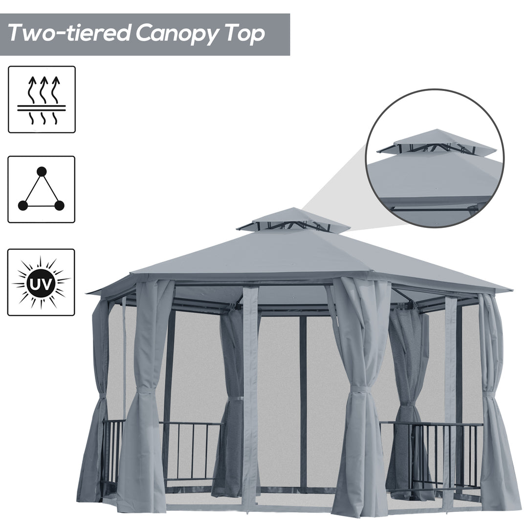 Outsunny 13ft Hexagon Gazebo Outdoor Canopy Shelter with Netting and Shaded Curtains Beige