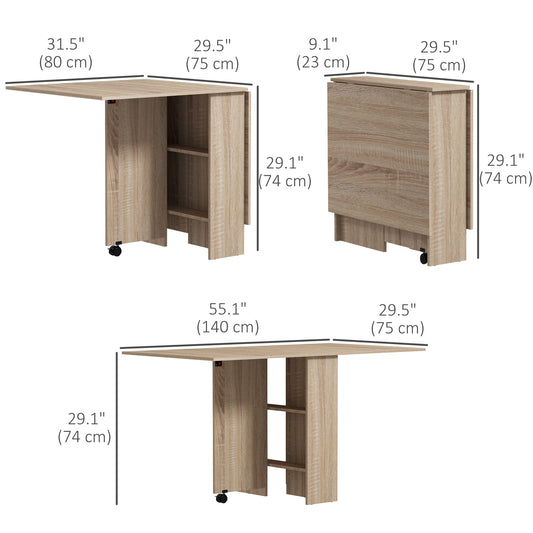 HOMCOM Extendable Dining Table, Collapsible Folding Table w/ 2-tier Shelves and Rolling Casters, Nature Wood