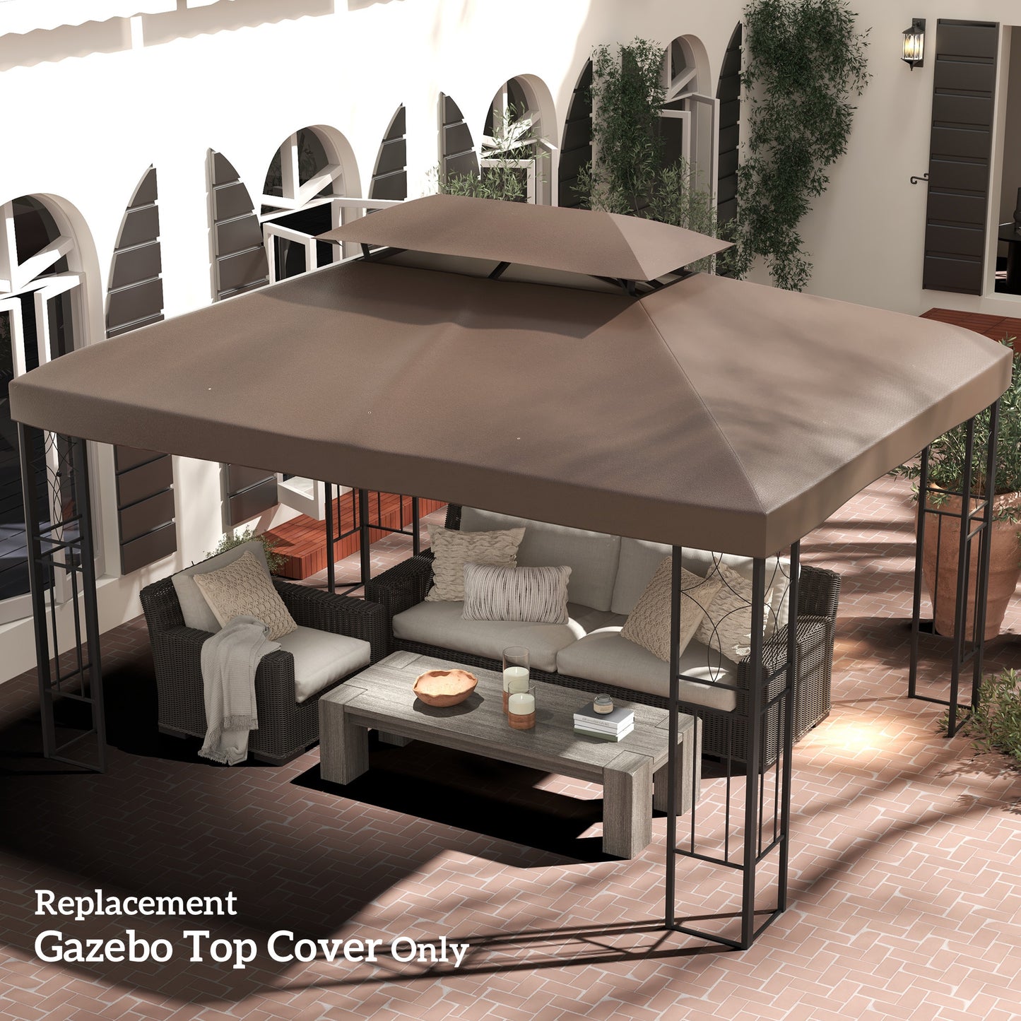 Outsunny 13' x 10' Gazebo Replacement Canopy, 2 Tier Top Roof Garden Pavilion UV Cover, Brown (TOP ONLY)