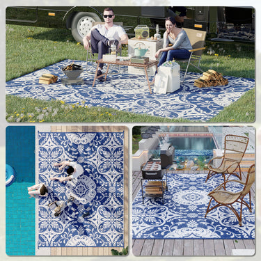 Outsunny Portable Outdoor Rug with Carry Bag, 9' x 12' Reversible Mat, Waterproof Plastic Straw RV Rug for Backyard, Deck, Picnic, Beach, Camping, Blue & White Flower