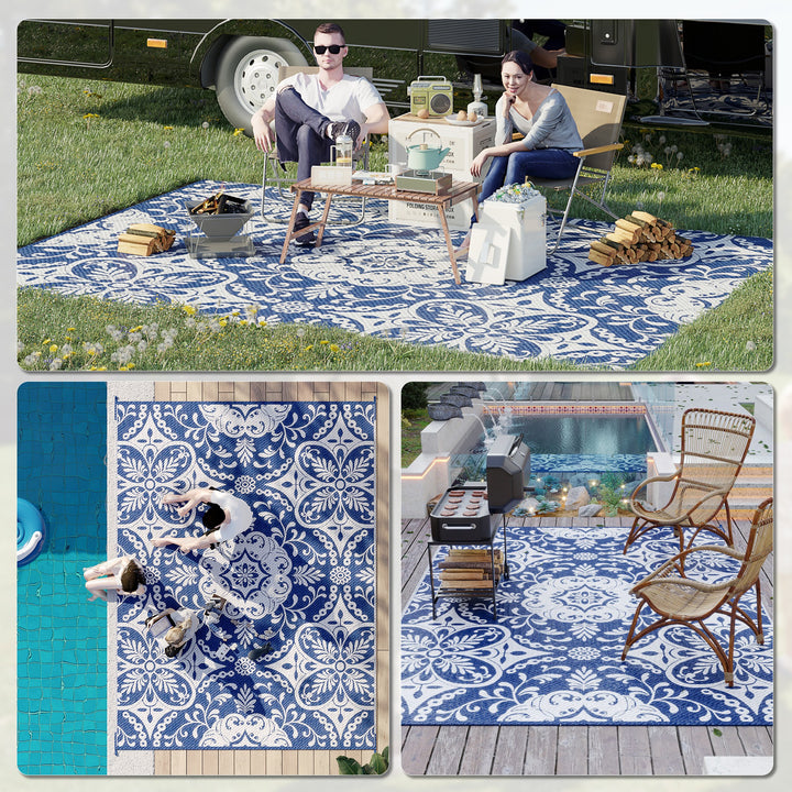 Outsunny Portable Outdoor Rug with Carry Bag, 9' x 12' Reversible Mat, Waterproof Plastic Straw RV Rug for Backyard, Deck, Picnic, Beach, Camping, Blue & White Flower