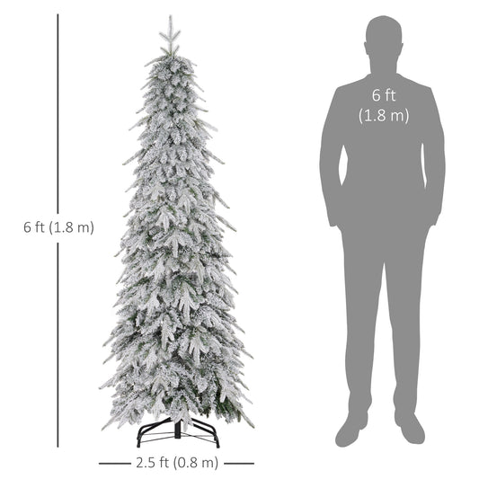 HOMCOM 6ft Pencil Flocked Artificial Christmas Tree with 600 Branch Tips, Auto Open and Steel Base, Green