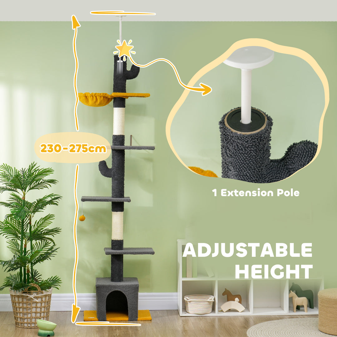 PawHut Floor to Ceiling Cat TreeTower with 90.5"-108" Adjustable Height, Scratching Posts, Hammock, Comdo, Toy Ball, Light Grey