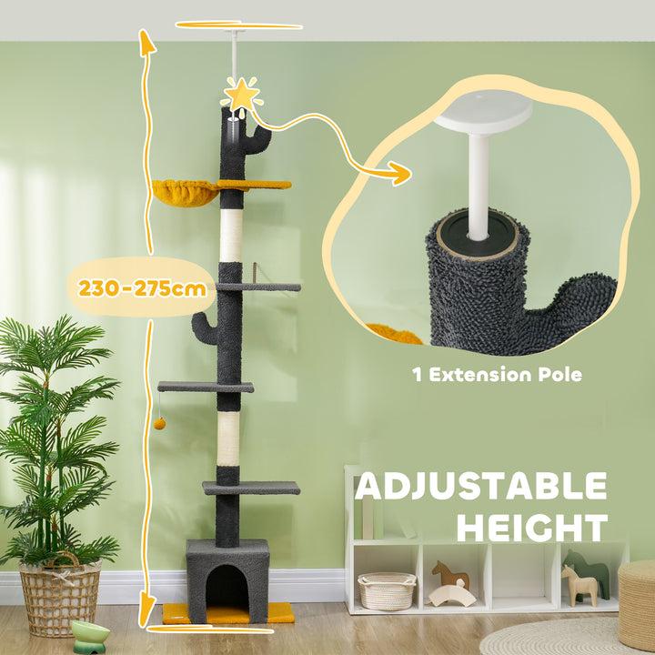 PawHut Floor to Ceiling Cat TreeTower with 90.5"-108" Adjustable Height, Scratching Posts, Hammock, Comdo, Toy Ball, Light Grey