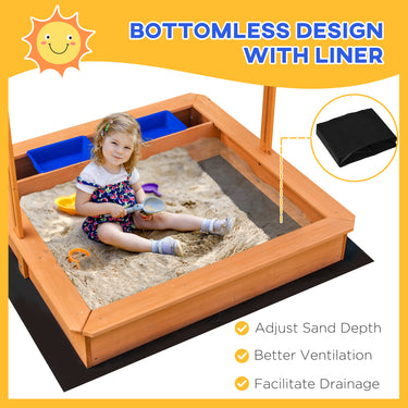 Outsunny Kids Wooden Sandbox, Children Play Sand Station Outdoor with Adjustable Height Cover Lid, Bottom Liner, Seat, Plastic Basins, for 3-7 Years Old Boys and Girls