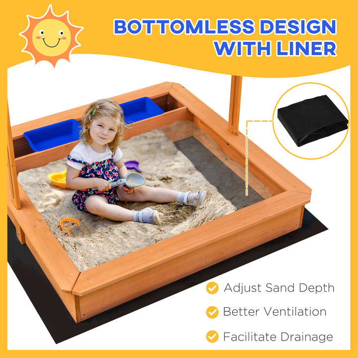 Outsunny Kids Wooden Sandbox, Children Play Sand Station Outdoor with Adjustable Height Cover Lid, Bottom Liner, Seat, Plastic Basins, for 3-7 Years Old Boys and Girls