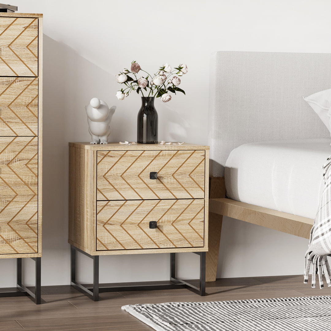 HOMCOM Modern Nightsta, Bedside Table with Drawers, Side End Table with Metal Legs for Bedroom, Zig Zag Design, Natural