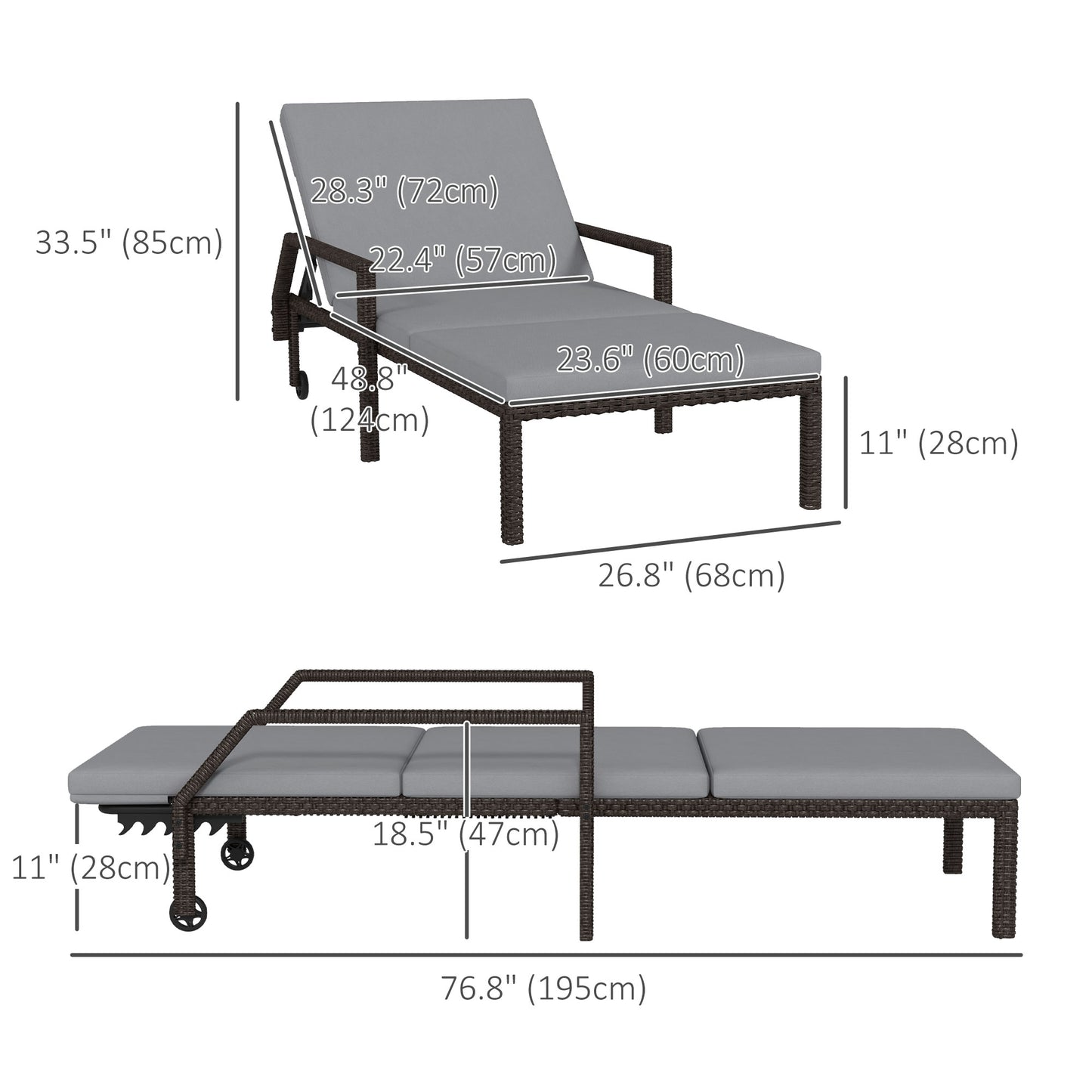 Outsunny Wicker Chaise Lounger with 5-Level Adjustable Backrest, Light Grey
