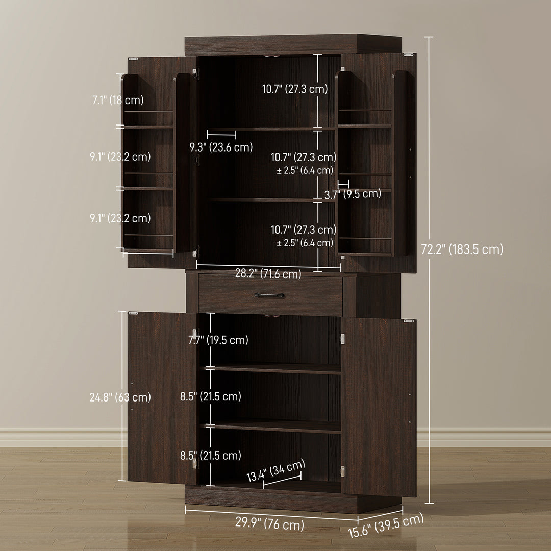 HOMCOM 72" Kitchen Pantry Cabinet, Farmhouse Kitchen Storage Cabinet with 4 Barn Doors, 6 Door Shelves, Drawer, Black