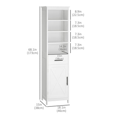 kleankin Tall Bathroom Storage Cabinet, Free Standing Bathroom Cabinet Slim Side Organizer w/ 3-Tier Open Shelf, Door, and Drawer, White