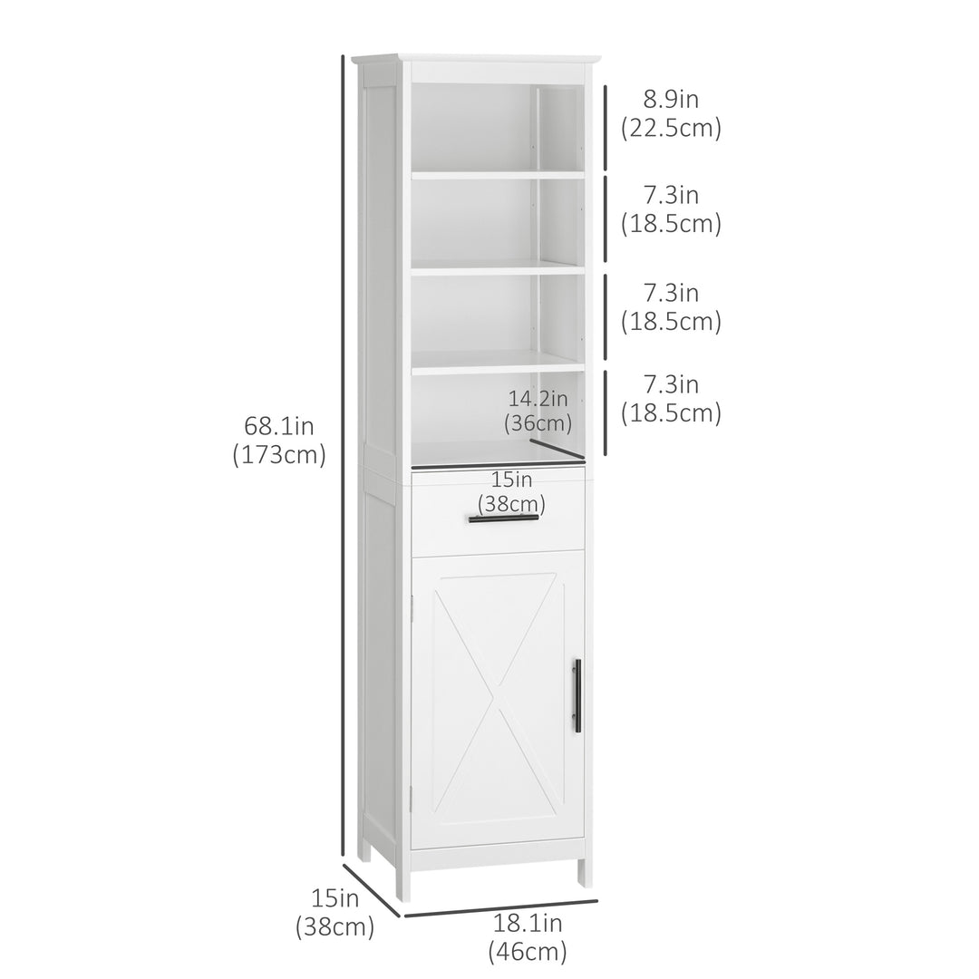 kleankin Tall Bathroom Storage Cabinet, Free Standing Bathroom Cabinet Slim Side Organizer w/ 3-Tier Open Shelf, Door, and Drawer, White