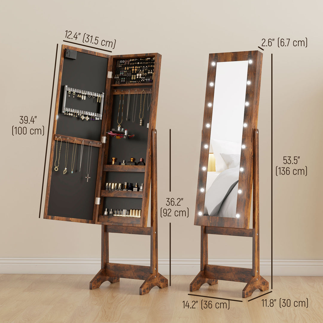 HOMCOM Free Standing Armoire Organizer, Lighted Mirrored Jewelry Cabinet w/ Angle Adjustable & 16 LED Lights Warm White