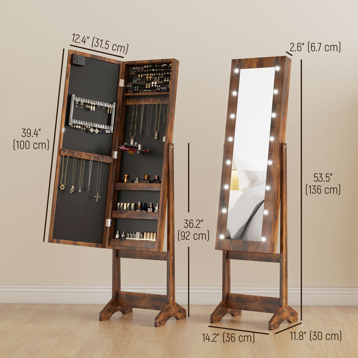 HOMCOM Free Standing Armoire Organizer, Lighted Mirrored Jewelry Cabinet w/ Angle Adjustable & 16 LED Lights Warm White