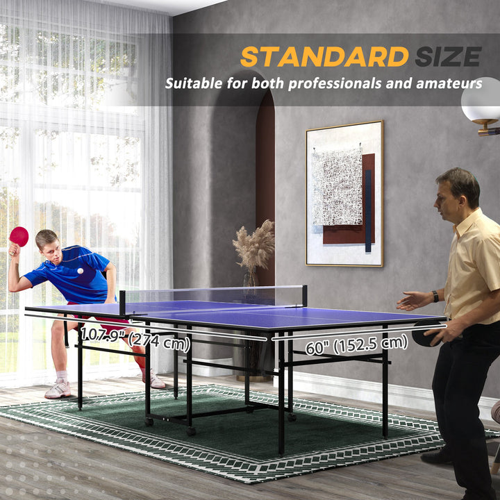 Soozier Full Size Table Tennis Table, Folding Ping Pong Table with Net, Paddles, Balls and Wheels, Blue
