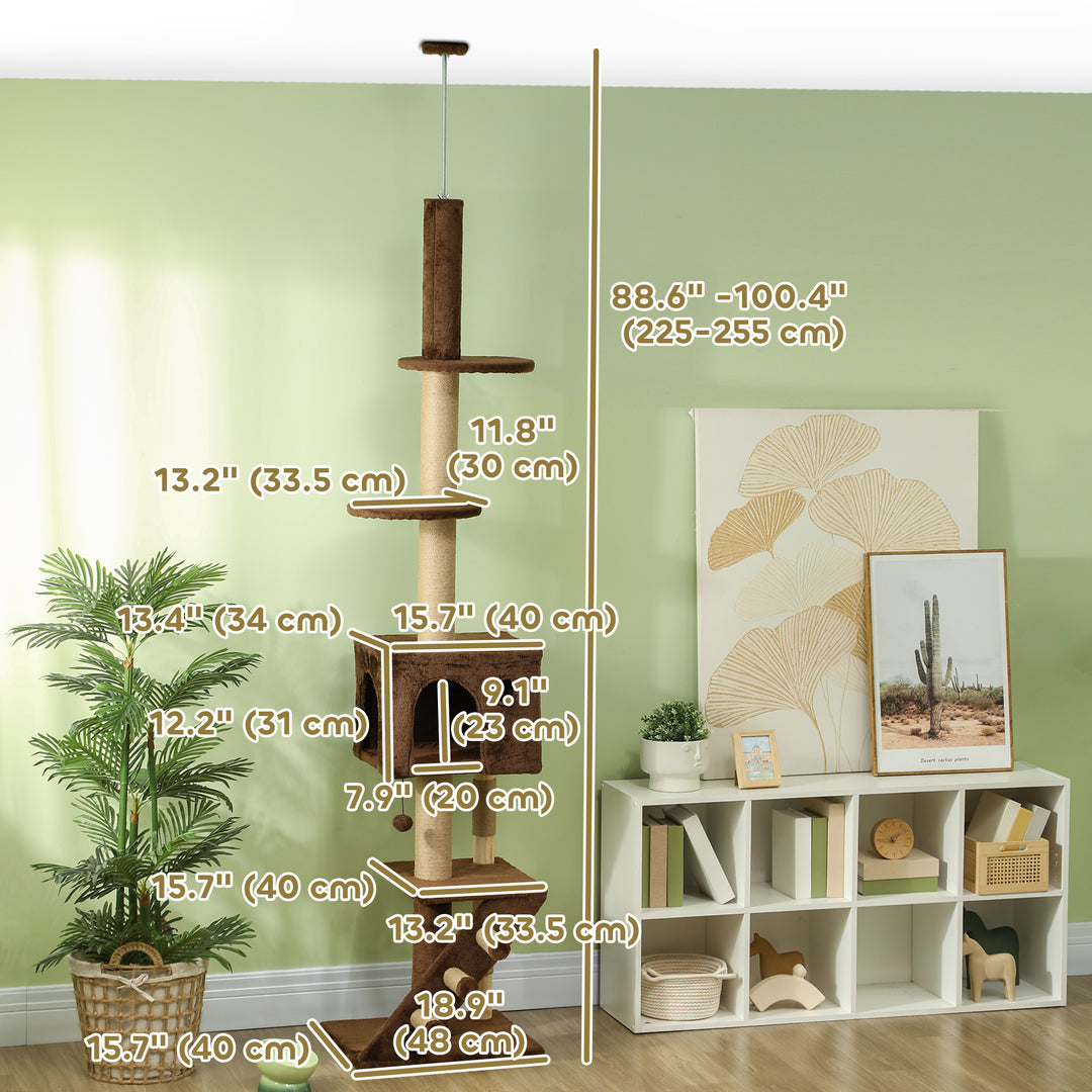 PawHut 89"-100" Floor to Ceiling Cat Tree with Scratching Post, Cat House, 3-Steps, Hanging Ball, Perches, Anti-tip Kit, Brown