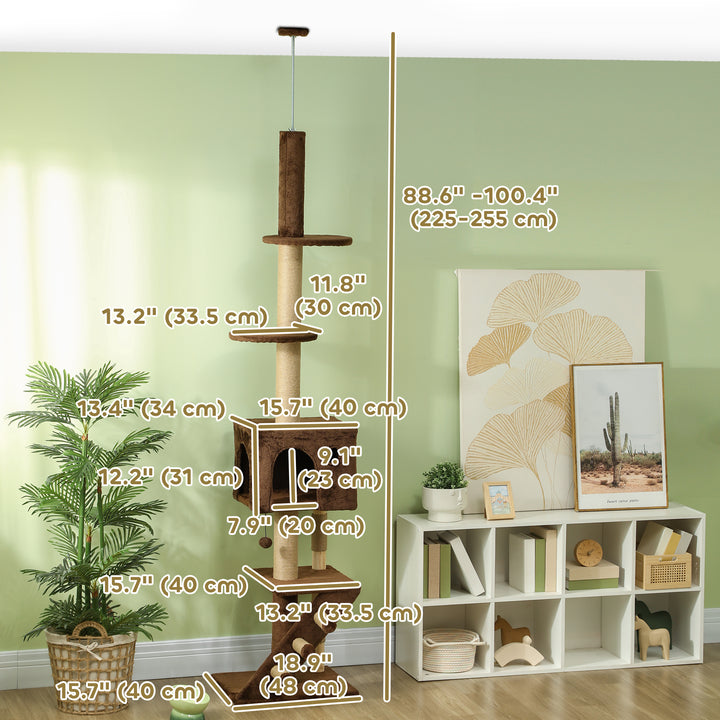 PawHut 89"-100" Floor to Ceiling Cat Tree with Scratching Post, Cat House, 3-Steps, Hanging Ball, Perches, Anti-tip Kit, Brown