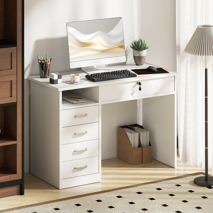 Vinsetto Home Office Desk with Storage, Computer Desk with Lockable Drawer and Open Compartment, White