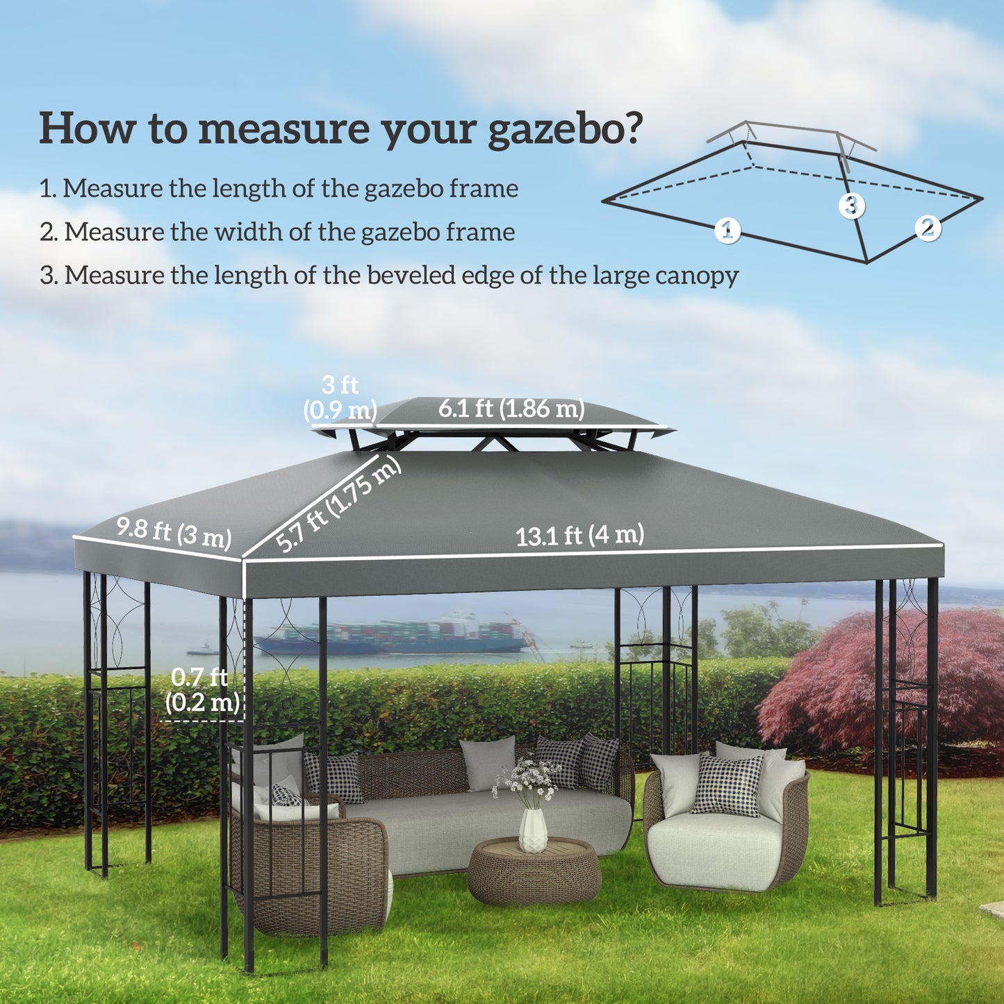 Outsunny 13' x 10' Gazebo Replacement Canopy, 2 Tier Top Roof Garden Pavilion UV Cover, Brown (TOP ONLY)