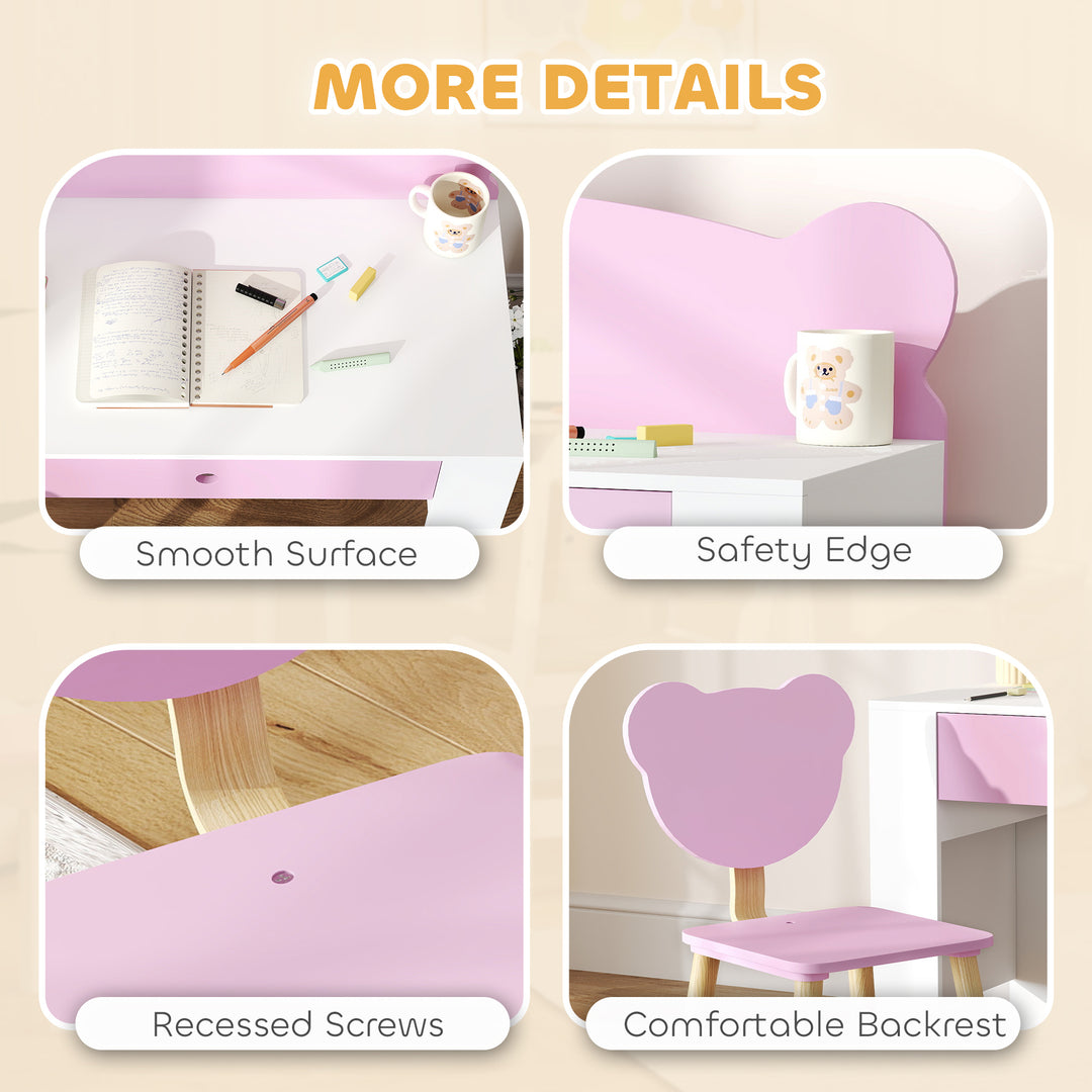 Qaba Kids Desk and Chair Set with Drawer for Drawing, Reading, Bear Theme Children Furniture for Bedroom, Daycare, Pink